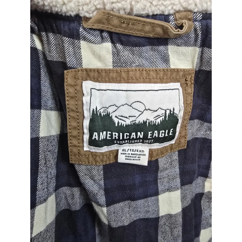 American Eagle Jacket Men XL Brown Canvas Flannel Lined With Fleece Lined Hood